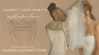 a bride is holding a veil with the words launelux vanity